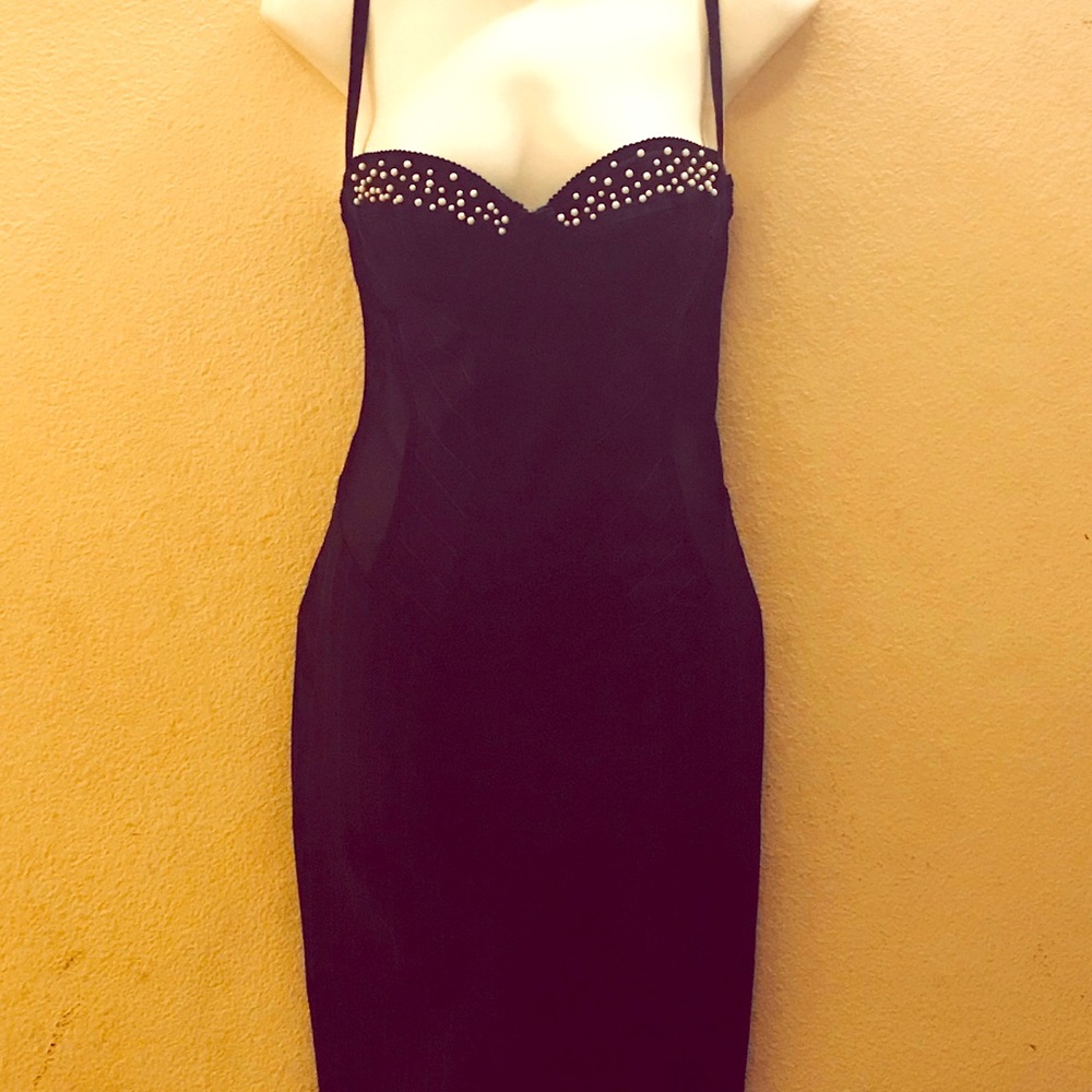 Black pinstripe sweetheart neck dress